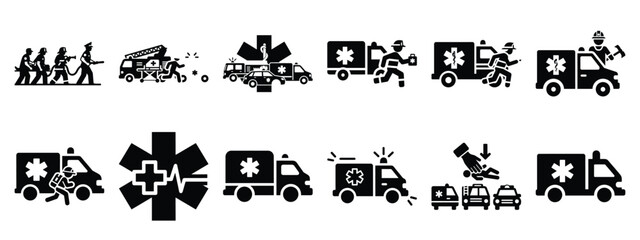 Minimalist black silhouette icon set of a emergency response . simple black flat vector style for medical and fitness icons concept.