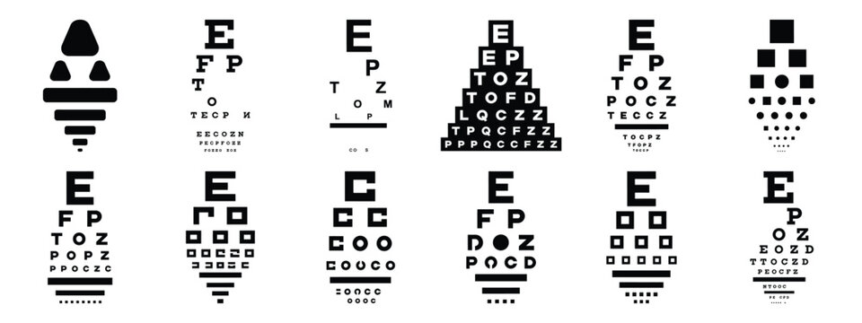 Minimalist black silhouette icon set of a eye test chart . simple black flat vector style for medical and fitness icons concept.