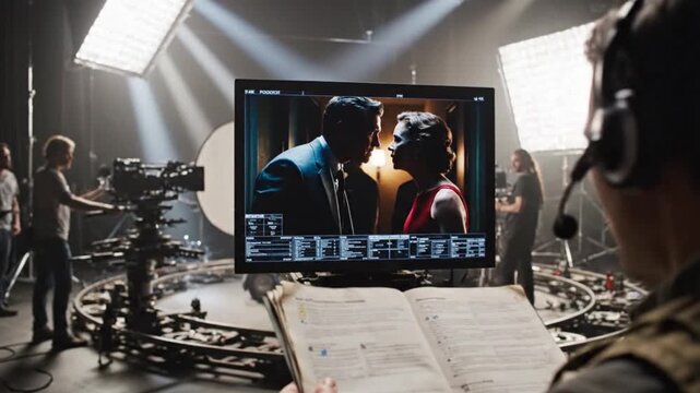 Behind the Scenes of a Film Production Director Monitors Scene on Set.