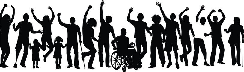 Fototapeta premium Diverse group of cheering people silhouette banner, including individuals with disabilities, dancing with hands raised, symbolizing unity, celebration, community, and inclusion.