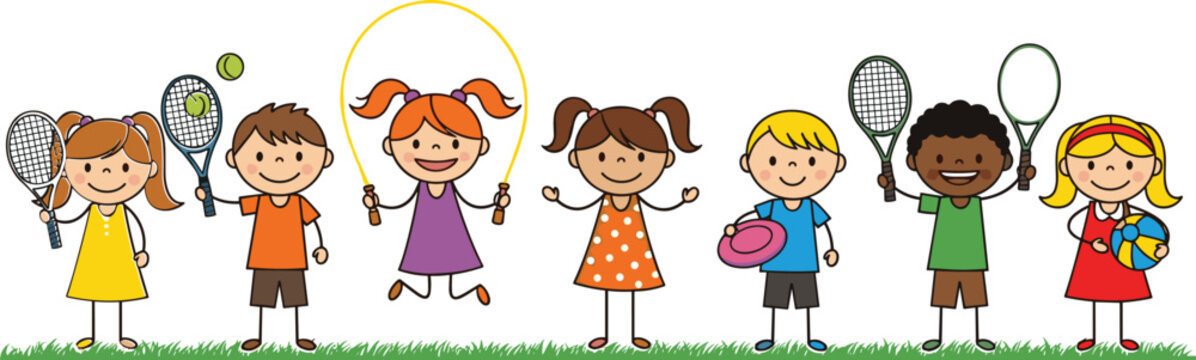 Diverse Group of Happy Cartoon Children Playing Outdoors with Sports Equipment Including Tennis Rackets, Jump Rope, and Balls for Summer Camp Fun