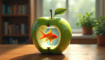 Goldfish swims in water inside carved green apple. Unique aquarium rests on wooden table near window. Bright light illuminates playful orange fish swimming in fruit home.