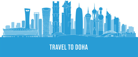 Obraz premium Doha Qatar City Skyline Silhouette Illustration with Famous Landmarks and Skyscrapers in Blue Tones for Travel Tourism and Middle East Business Concept Background
