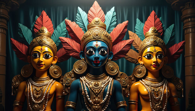 Three ornate Hindu deities Jagannath Balabhadra Subhadra statues stand side by side. They wear golden crowns, necklaces, and large earrings. Colorful feathers adorn their heads, a temple setting.
