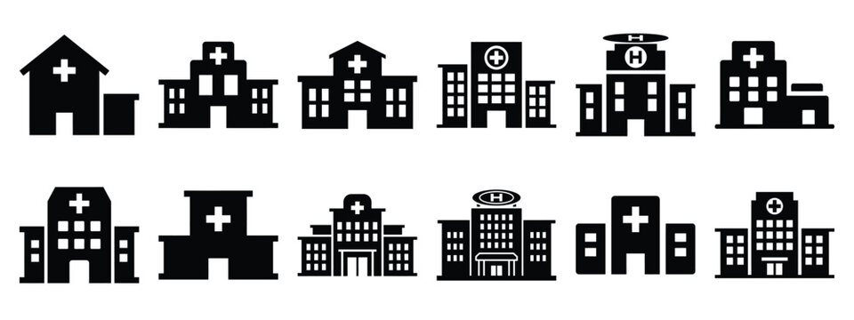 Minimalist black silhouette icon set of a hospital building . simple black flat vector style for medical and fitness icons concept.
