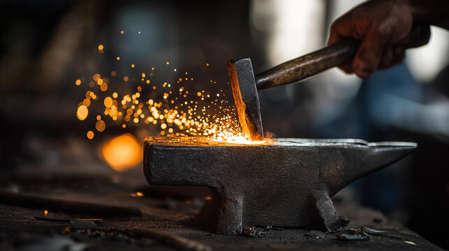 Blacksmith forging glowing iron at anvil with flying sparks, dark workshop illuminated by forge, wide angle shot, dramatic firelight, documentary style, blacksmith, working hands, small workshop