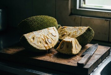 Obraz premium Fresh sliced jackfruit on wooden cutting board in kitchen