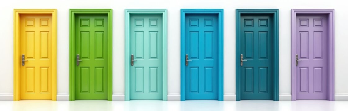 Row of colorful wooden doors yellow, green, turquoise, blue, teal, purple. All stand on white floor. Choice concept. Decision making. Many doors.