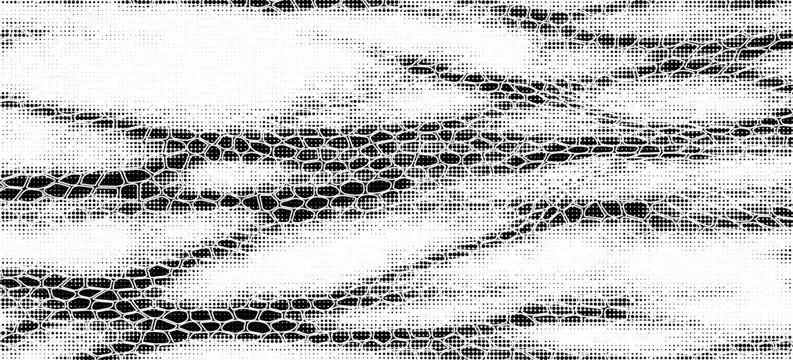 Snakeskin pattern imitation. Lines and spots structural texture. Cool and artsy faux leather background. Abstract vector illustration. Black isolated on white. EPS10