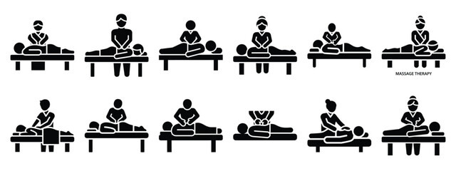Obraz premium Minimalist black silhouette icon set of a massage therapy . simple black flat vector style for medical and fitness icons concept.