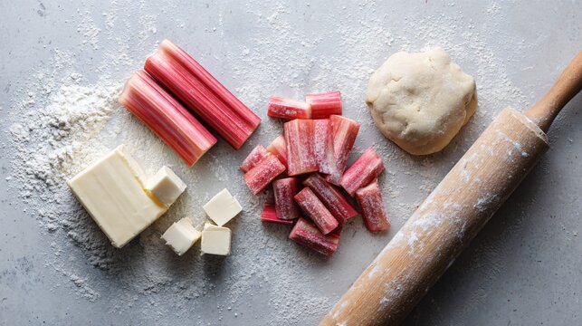 Overhead flat lay of rhubarb galette ingredients on pale stone surface, sliced rhubarb, raw pastry dough, sugar, butter cubes, rolling pin, editorial recipe preparation layout
