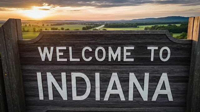 welcome to indiana sign on rural highway at sunset