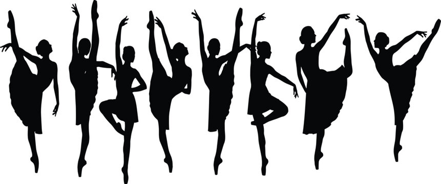 Elegant Collection of Dynamic Black Vector Silhouettes Featuring Female Ballet Dancers in Various Classical Releve and Arabesque Poses, Ideal for Art, Grace, and Performance