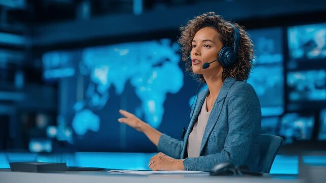 Medium shot of interpreter actively translating breaking news during a live television broadcast in a modern studio setting.