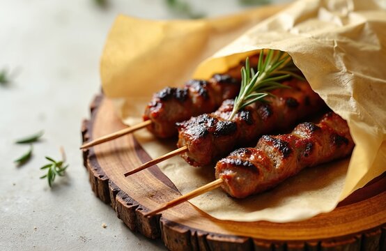 Italian lamb skewers arrosticini served on wooden board with rosemary sprig. Juicy grilled meat chunks on sticks, wrapped loosely in parchment paper. Delicious snack, appetizer, or main course.