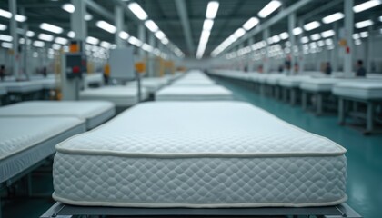 Factory floor with many beds in rows, beds are made of white fabric, clean sterile environment, modern production, factory interior, industrial manufacturing, sleep products.