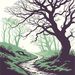 Fototapeta premium Misty forest landscape illustration with winding stream and bare trees