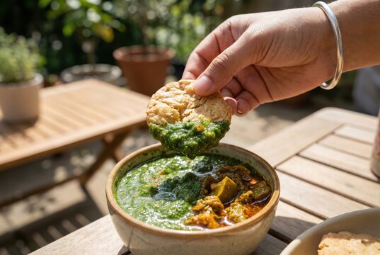 Hand dipping savory snack into green chutney bowl