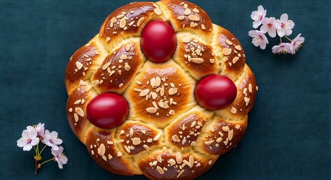 Traditional easter bread with red eggs and floral accents on dark blue background