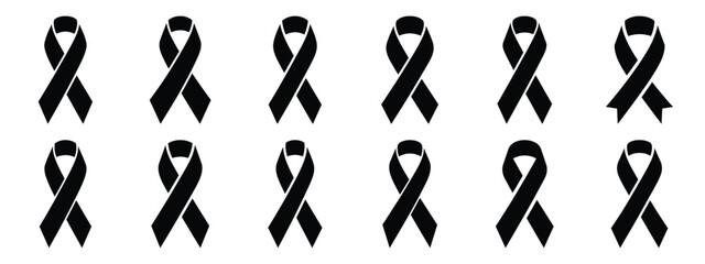 Minimalist black silhouette icon set of a oncology ribbon . simple black flat vector style for medical and fitness icons concept.