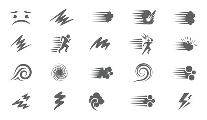 Grey speed motion and emotion effect silhouette icon set
