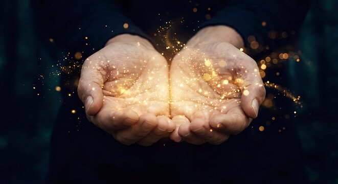 Cupped hands holding glowing golden light with magical sparkles and particles floating in dark atmospheric background for spiritual and mystical concepts.