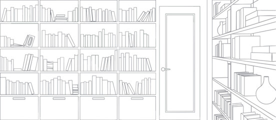 Bookshelves with books and door in library room bookshelf © MstMoksada