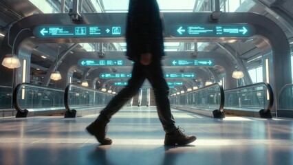 Fototapeta premium Person walking through modern transportation terminal with illuminated directional signs and escalators in a spacious, futuristic interior design