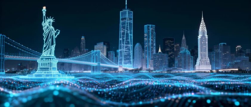 Futuristic Neon-Illuminated New York City Skyline Featuring Statue of Liberty, Brooklyn Bridge and Digital Wave Patterns at Night