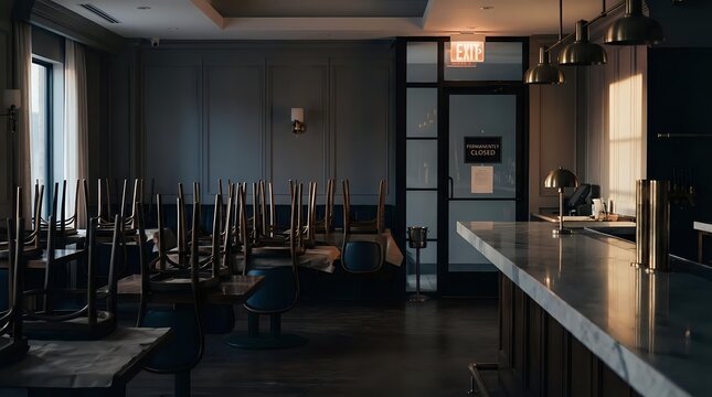 Empty restaurant interior with chairs stacked on tables during closing time, modern dining establishment with dark walls and ambient lighting.