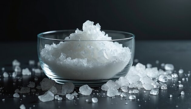 Glass bowl with white crystalline sodium hydroxide granules. Chemical substance used in labs and industry. Corrosive alkaline product for cleaning.