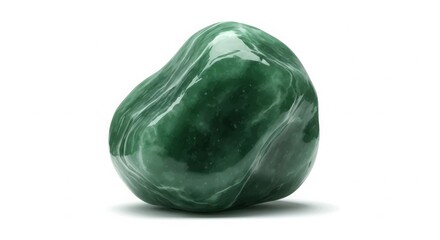 A single, smooth, and highly polished deep green gemstone, exhibiting natural geological beauty and subtle internal patterns against a clean white backdrop, emphasizing its vibrant hue