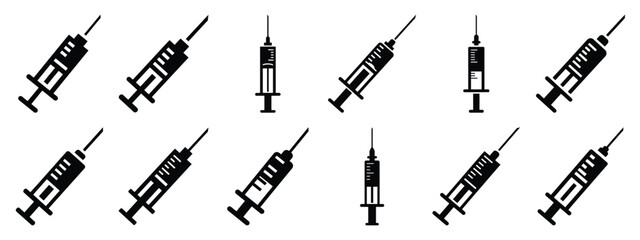 Minimalist black silhouette icon set of a syringe . simple black flat vector style for medical and fitness icons concept.