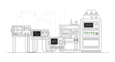 Fototapeta premium A collection of medical monitoring devices and equipment, including oscilloscopes and control panels, arranged in a line against a backdrop of stylized buildings.