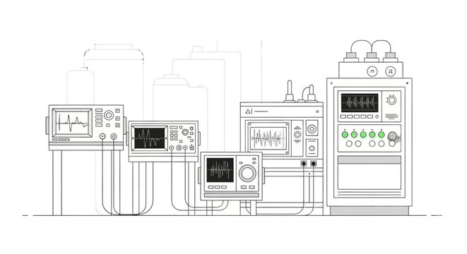 A collection of medical monitoring devices and equipment, including oscilloscopes and control panels, arranged in a line against a backdrop of stylized buildings.