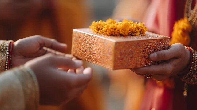 Indian man and woman exchanging a decorated gift box with marigold flowers during traditional gudi padva celebration