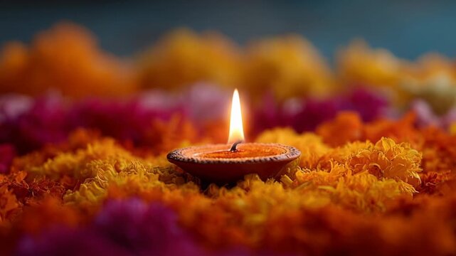 Clay oil lamp burning bright with a flickering flame, surrounded by yellow and pink marigold flowers on Diwali