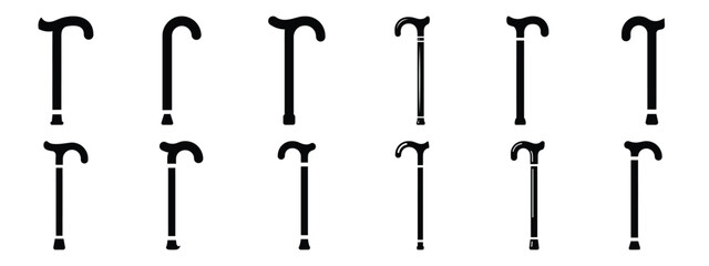 Obraz premium Minimalist black silhouette icon set of a walking cane . simple black flat vector style for medical and fitness icons concept.