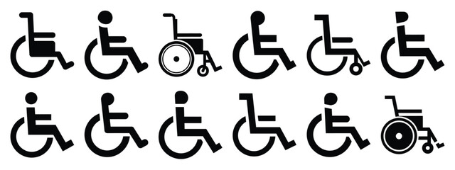 Minimalist black silhouette icon set of a wheelchair . simple black flat vector style for medical and fitness icons concept.