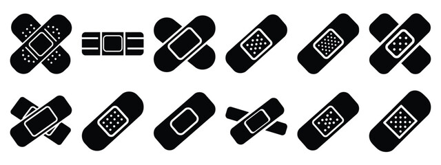 Minimalist black silhouette icon set of a adhesive plaster . simple black flat vector style for medical and fitness icons concept.