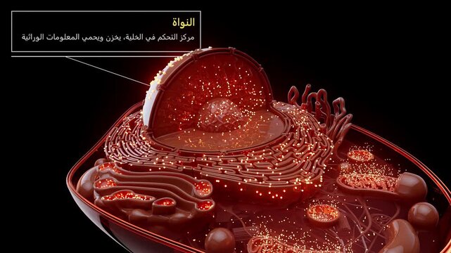 Conceptual 3D Animation of a Eukaryotic Cell with Labeled Organelles in Arabic