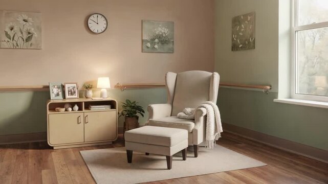 Medium shot focusing on a dementia wings calming modular room with soothing colors and adaptive design elements promoting safety and familiarity.