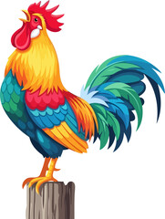 Colorful rooster crowing while perched on a wooden fence post