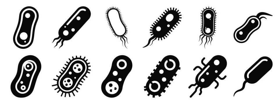 Minimalist black silhouette icon set of a bacteria cell . simple black flat vector style for medical and fitness icons concept.