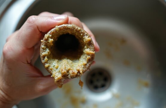 Person holds clogged kitchen sink pipe full of food waste. Dirty drain needs cleaning and repair. Household plumbing problem. Water clogged.