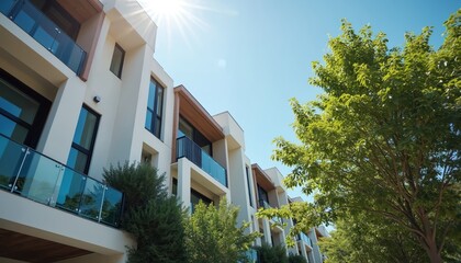 Modern townhouses with balconies under blue sky. Sleek facade with large windows and glass railings. Green trees surround residential buildings.