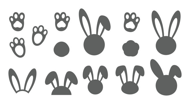 Grey rabbit track ear and bunny silhouette icon set in a simple style