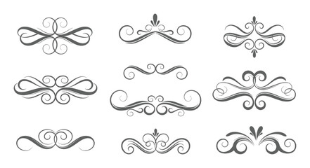Fototapeta premium Elegant grey filigree swirl and flourish decorative silhouette elements