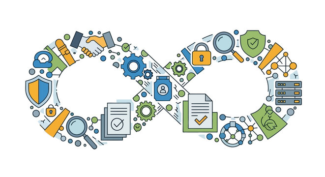 DevOps Infinity Loop Concept: Continuous Integration and Delivery (CI/CD) Cycle with Security, Data, and Business Process Icons.