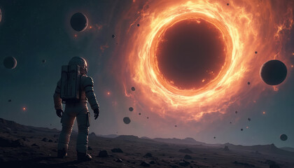 Fototapeta premium Astronaut on barren planet surface looks at massive glowing black hole. Space debris and distant planets drift nearby. Cosmic event unfolds in deep outer space.